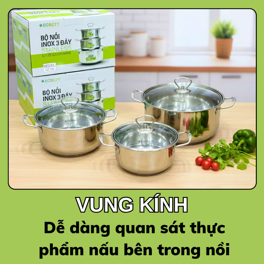 Bộ 3 nồi ECOZZY chất liệu inox 410 chống dính, chống rỉ kích thước 18-20-24cm dùng được mọi loại bếp