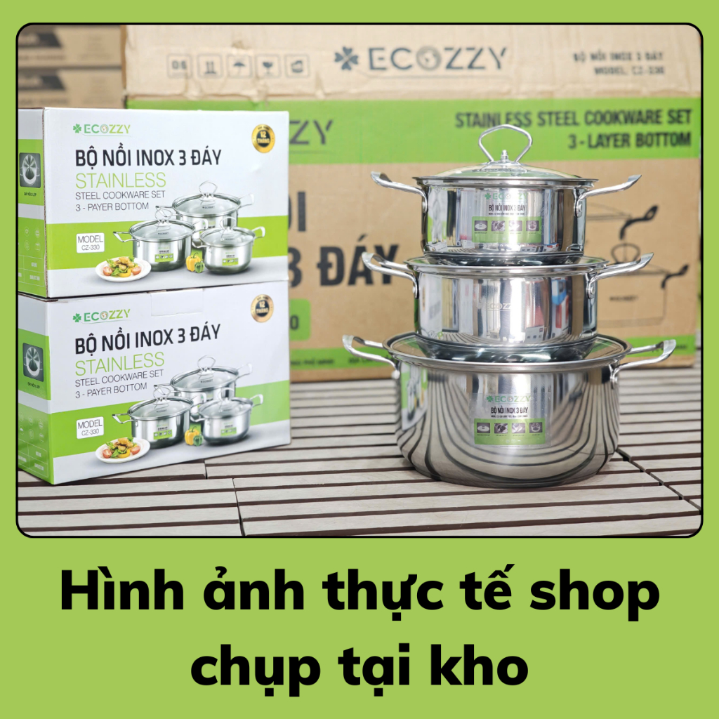 Bộ 3 nồi ECOZZY chất liệu inox 410 chống dính, chống rỉ kích thước 18-20-24cm dùng được mọi loại bếp