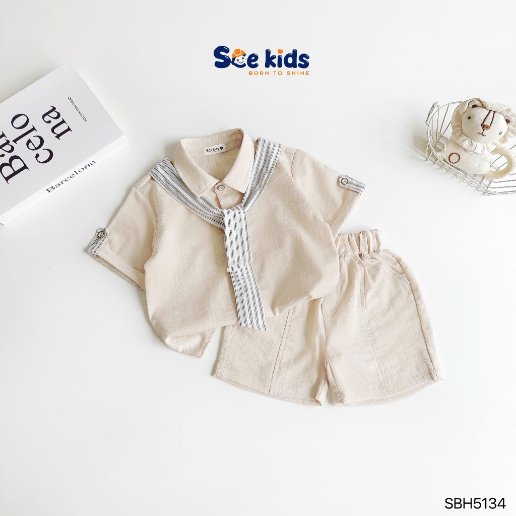 [Tặng kèm khăn buộc] Bộ sơ mi cộc tay bé trai trơn màu fom rộng, set sơ mi hàng oversize công tử bé trai