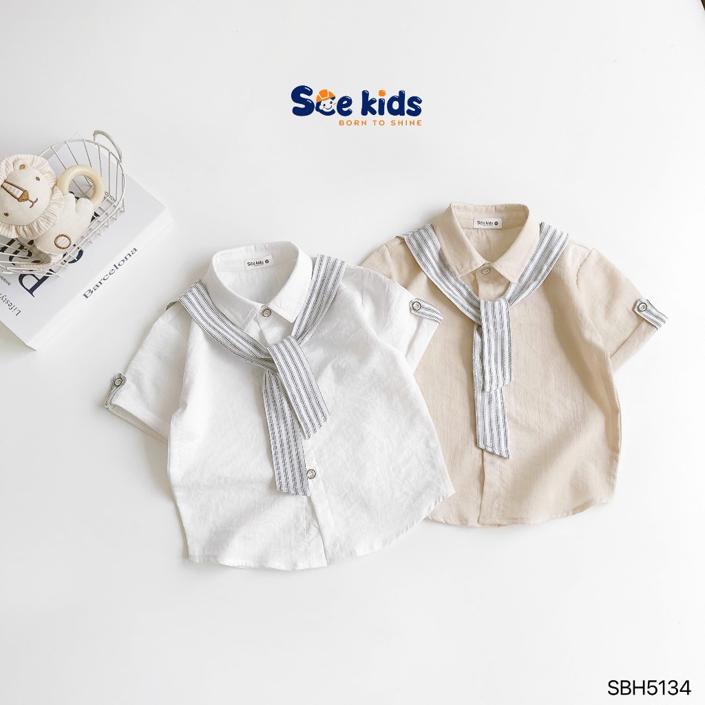 [Tặng kèm khăn buộc] Bộ sơ mi cộc tay bé trai trơn màu fom rộng, set sơ mi hàng oversize công tử bé trai