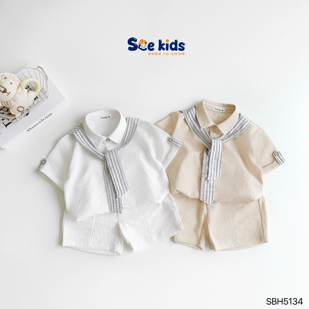 [Tặng kèm khăn buộc] Bộ sơ mi cộc tay bé trai trơn màu fom rộng, set sơ mi hàng oversize công tử bé trai