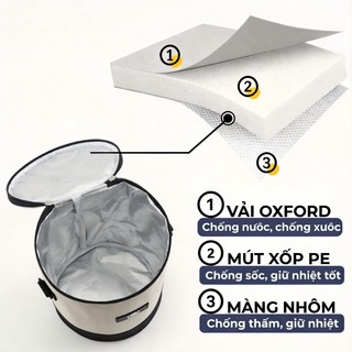nhôm giữ nhiệt, túi đựng cơm trưa giữ nhiệt,Túi đựng hộp cơm tròn hình trụ giữ nhiệt tốt, chống thấm nước