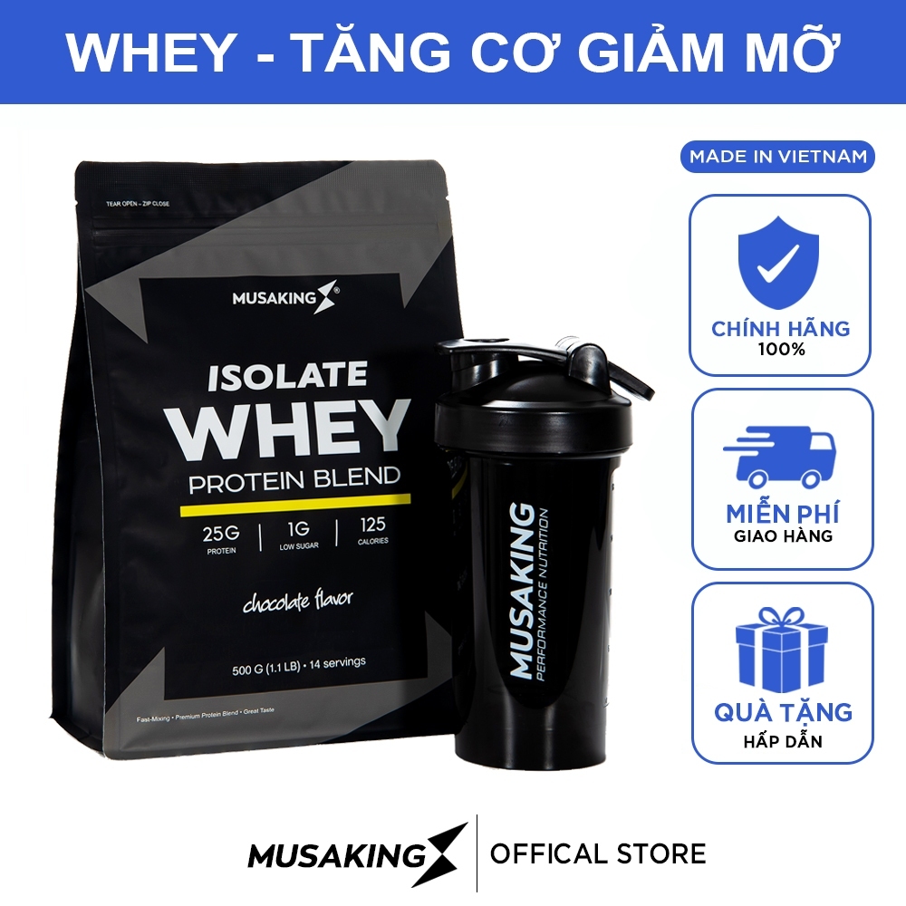 Bột Sữa Whey Protein Isolate Blend Musaking Tăng Cơ Giảm Mỡ; Chocolate, Vanilla  Túi 500g + Tặng bình lắc Shaker 600ml - 1