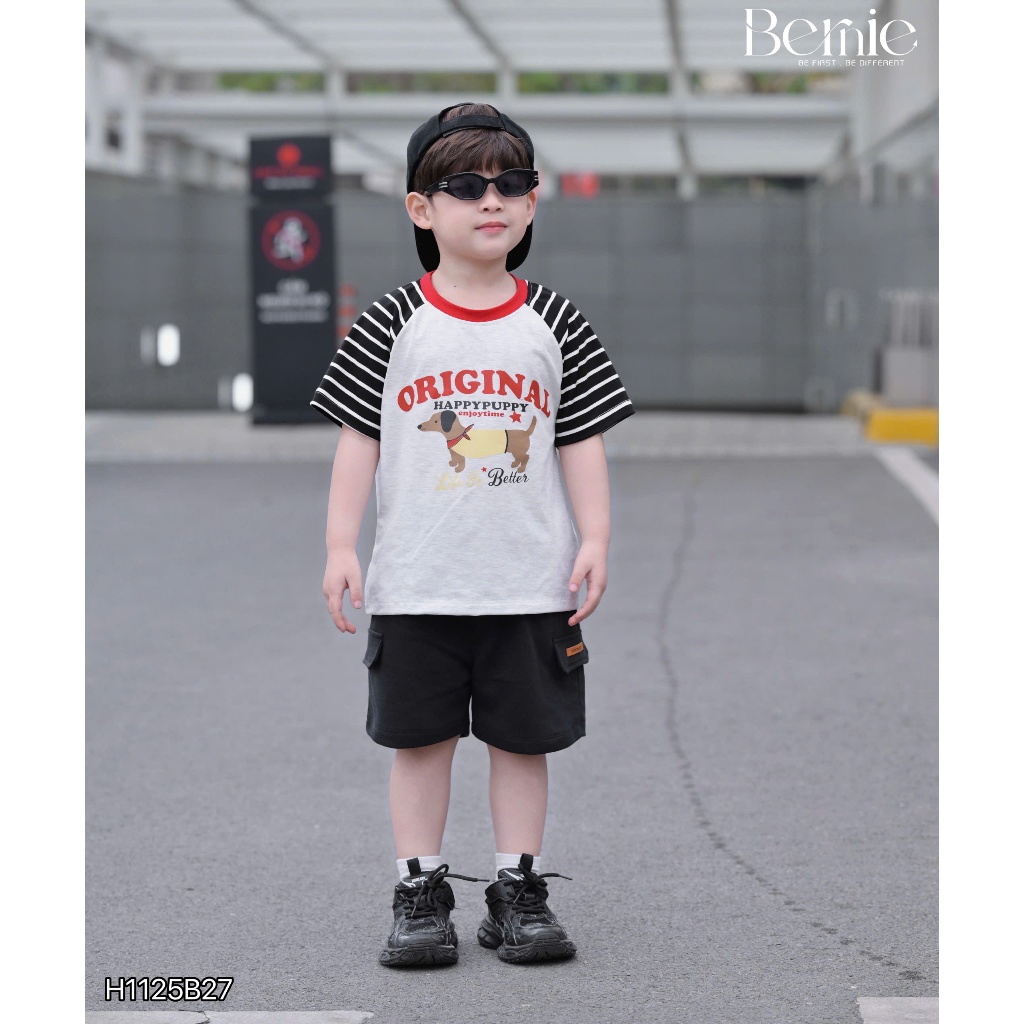 Bộ cotton cộc tay raglan in hình chú cún Original Bernie phối quần da cá cho bé trai 9-24kg