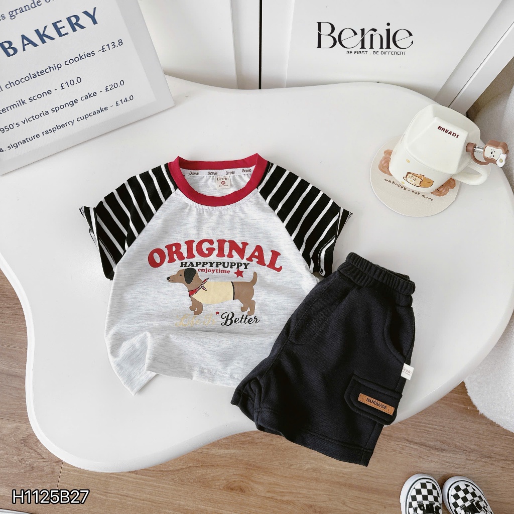 Bộ cotton cộc tay raglan phối kẻ in hoạ tiết original, bộ cotton cộc tay bé trai quần túi hộp