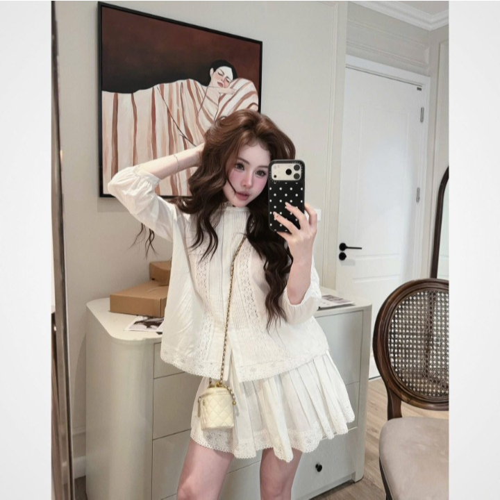 Set Đồ Nữ Màu Trắng Kem Áo Ren Tay Dài Mix Chân Váy Xòe Tiểu Thư, Outfit Ulzzang Nhẹ Nhàng HCOM27036