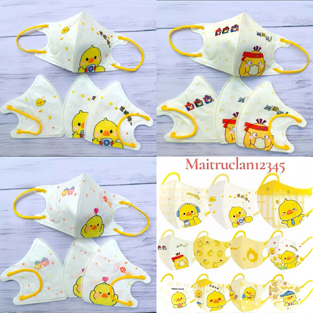 (Combo 50 cái) Khẩu Trang 3D Hoạ tiết Vịt Vàng gồm 4 size dành cho bé và người lớn