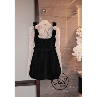 Set Váy Nhung Bồng Hoa Nơ Mix Áo Ren Cổ Bèo Chuẩn She’s