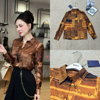 Áo sơ mi lụa Lệ vi cổ đức dài tay hoạ tiết cổ kính cao cấp