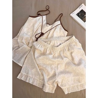 Set Đồ Ngủ Nữ Joie Trendy Hai Dây Cổ V Viền Nâu Phối Nơ Ngực Xinh Xắn Phong Cách Vintage - Đồ Bộ Mùa Hè Siêu Mát