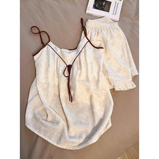 Set Đồ Ngủ Nữ Joie Trendy Hai Dây Cổ V Viền Nâu Phối Nơ Ngực Xinh Xắn Phong Cách Vintage - Đồ Bộ Mùa Hè Siêu Mát