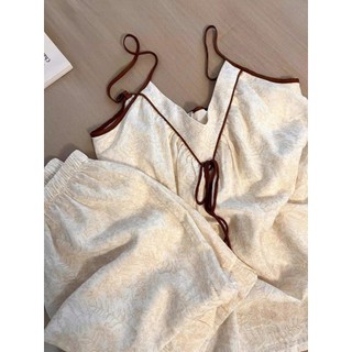 Set Đồ Ngủ Nữ Joie Trendy Hai Dây Cổ V Viền Nâu Phối Nơ Ngực Xinh Xắn Phong Cách Vintage - Đồ Bộ Mùa Hè Siêu Mát