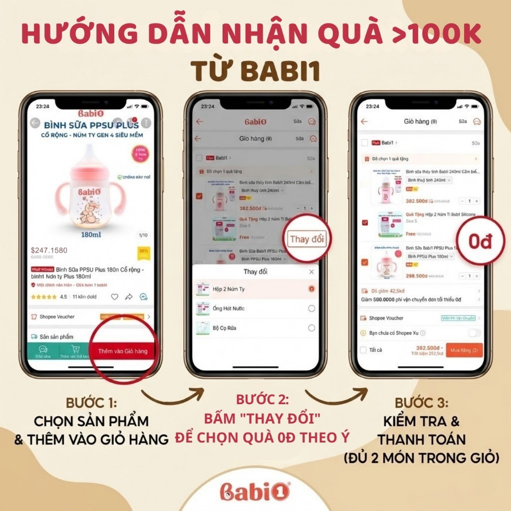 Bình Sữa Babi1 PPSU Plus 180ml Cổ Rộng (Tặng 2 Núm Ty) Có Tay Cầm Núm Y Khoa Chống Sặc Chính Hãng