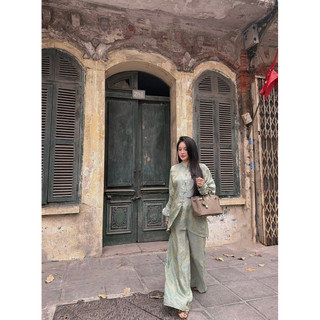 Set Bộ Pháp Phục Cổ Tàu Cúc Ngọc Mix Quần Suông, Set Đi Chùa Xanh Mint Nữ Tính