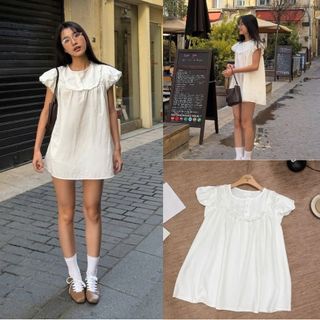 Áo babydoll dáng dài giấu quần kiểu dáng vintage, cổ tròn tay bồng LAVIAN A84