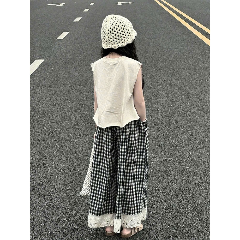 Set đồ bé gái quần ống rộng caro dài phối ren kèm áo sát nách cho bé sét đồ phong cách Hàn Quốc năng động cho mẹ và bé