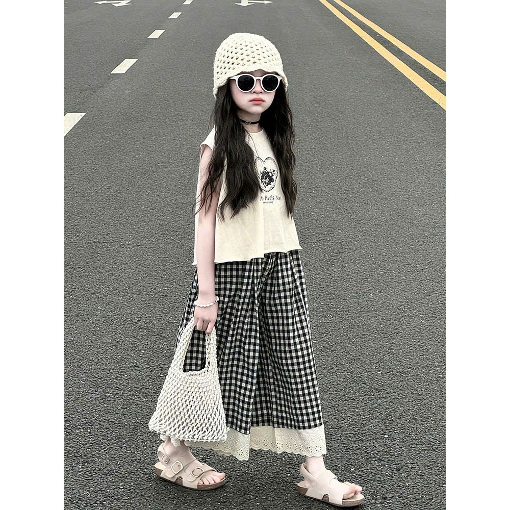 Set đồ bé gái quần ống rộng caro dài phối ren kèm áo sát nách cho bé sét đồ phong cách Hàn Quốc năng động cho mẹ và bé