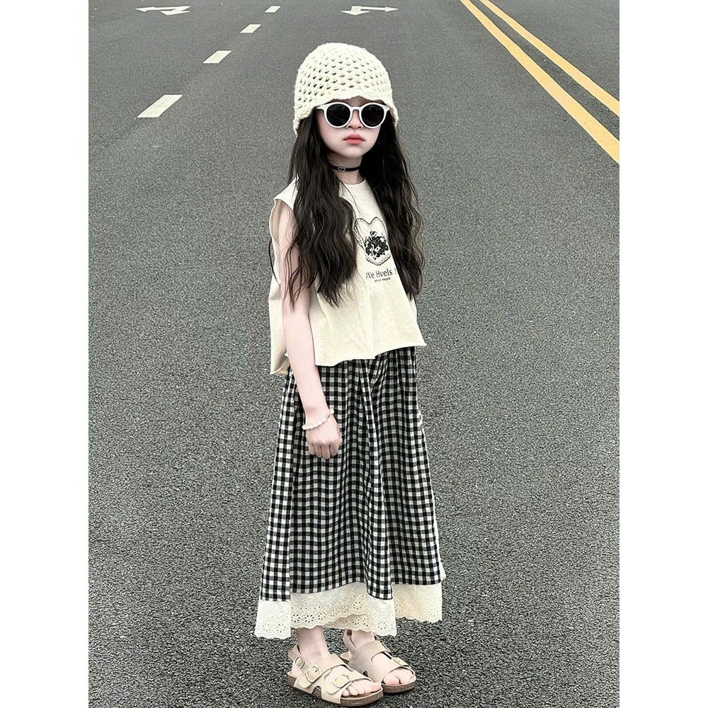 Set đồ bé gái quần ống rộng caro dài phối ren kèm áo sát nách cho bé sét đồ phong cách Hàn Quốc năng động cho mẹ và bé