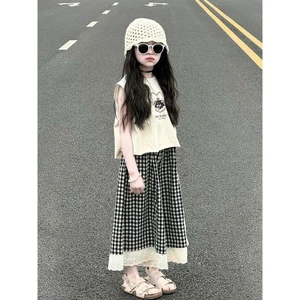 Set đồ bé gái quần ống rộng caro dài phối ren kèm áo sát nách cho bé sét đồ phong cách Hàn Quốc năng động cho mẹ và bé
