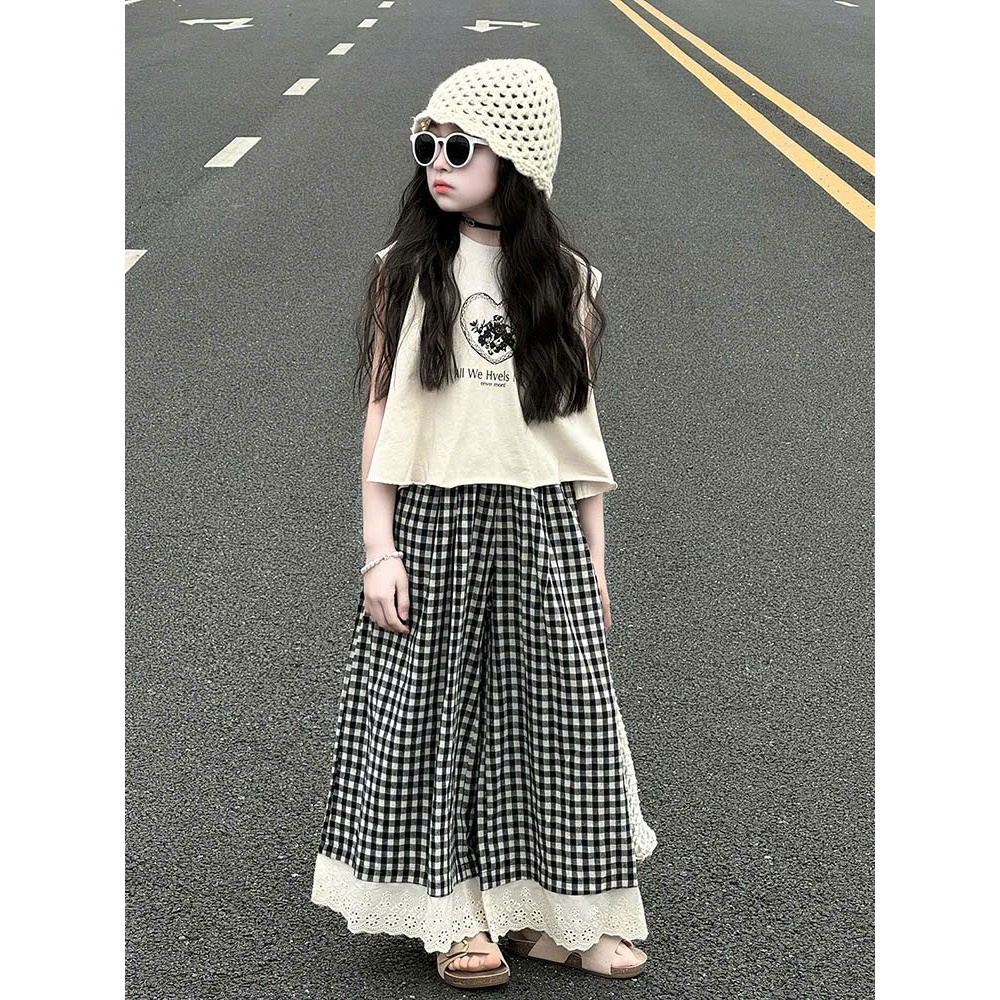 Set đồ bé gái quần ống rộng caro dài phối ren kèm áo sát nách cho bé sét đồ phong cách Hàn Quốc năng động cho mẹ và bé