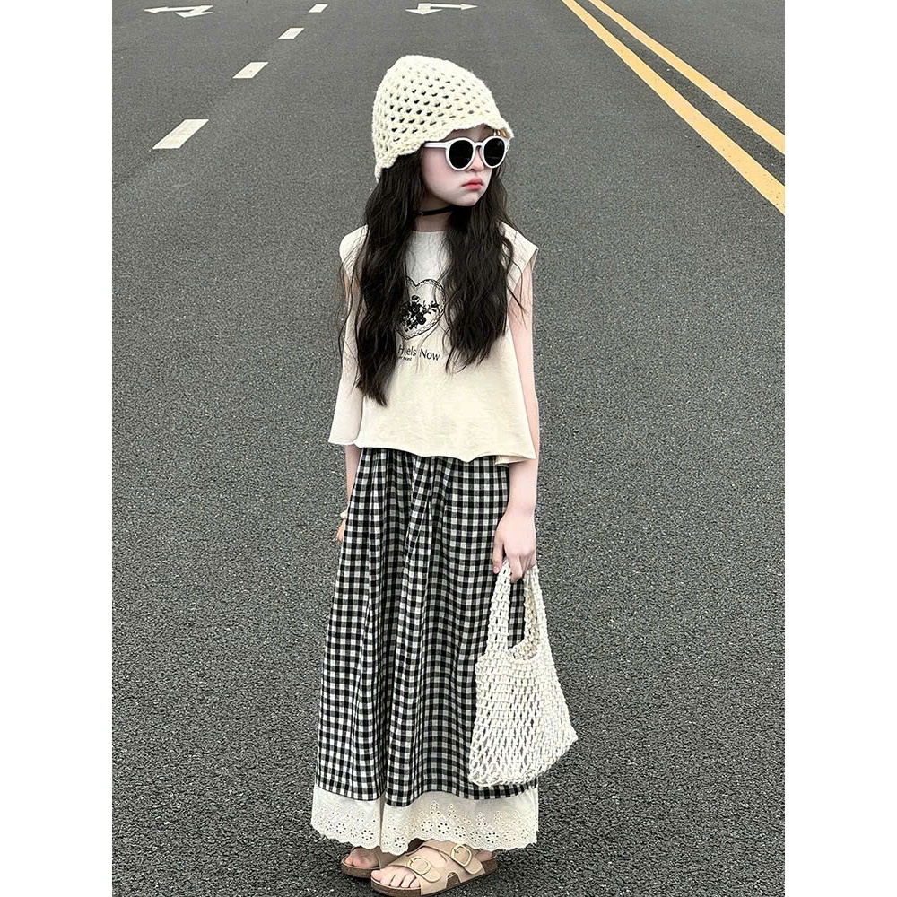 Set đồ bé gái quần ống rộng caro dài phối ren kèm áo sát nách cho bé sét đồ phong cách Hàn Quốc năng động cho mẹ và bé