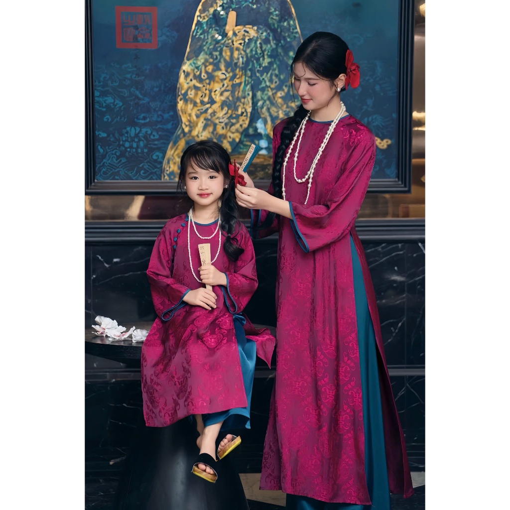 Set áo dài cách tân mẹ và bé không cổ chất lụa gấm thọ dáng suông rộng Bộ áo dài mẹ con mặc lễ tết T1592G
