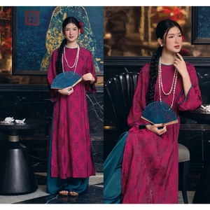 Set áo dài cách tân suông cổ tròn phối viền chất lụa gấm thọ + quần dài ống rộng mặc lễ tết truyền thống trẻ T1592G