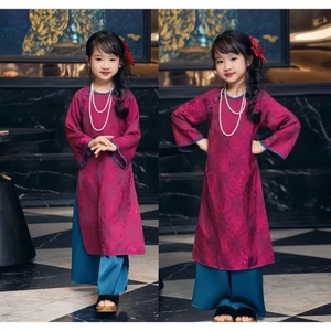 Set áo dài cho bé từ 1 đến 12 tuổi cổ tròn phối viền đính cúc kèm quần dài lụa mặc lễ tết sinh nhật đáng yêu T1592G