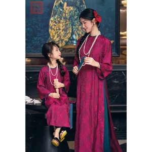 Set áo dài cách tân mẹ và bé không cổ chất lụa gấm thọ dáng suông rộng Bộ áo dài mẹ con mặc lễ tết T1592G