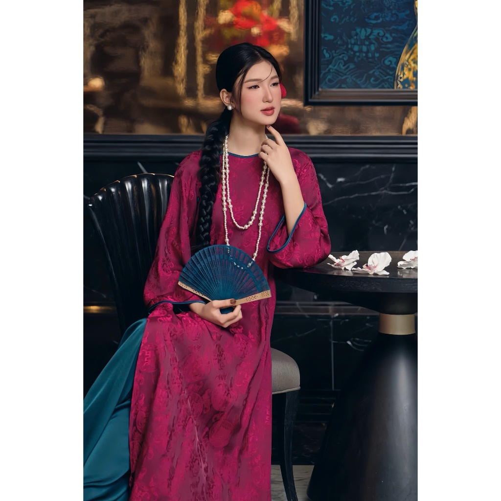 Set áo dài cách tân suông cổ tròn phối viền chất lụa gấm thọ + quần dài ống rộng mặc lễ tết truyền thống trẻ T1592G