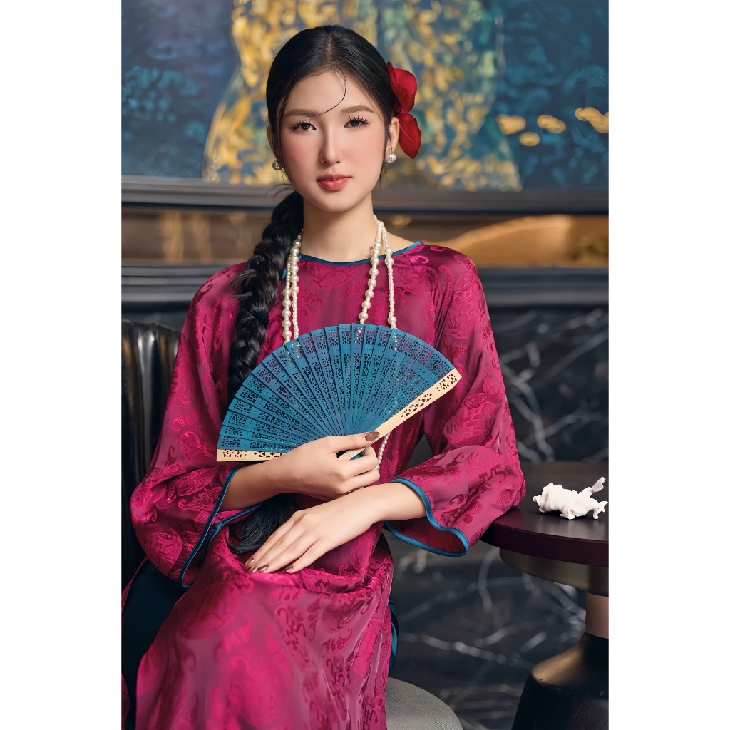 Set áo dài cách tân suông cổ tròn phối viền chất lụa gấm thọ + quần dài ống rộng mặc lễ tết truyền thống trẻ T1592G