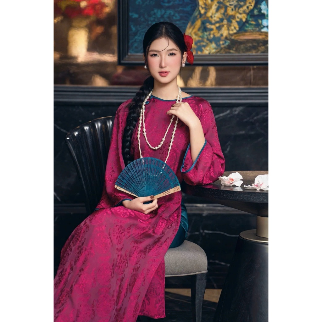 Set áo dài cách tân suông cổ tròn phối viền chất lụa gấm thọ + quần dài ống rộng mặc lễ tết truyền thống trẻ T1592G
