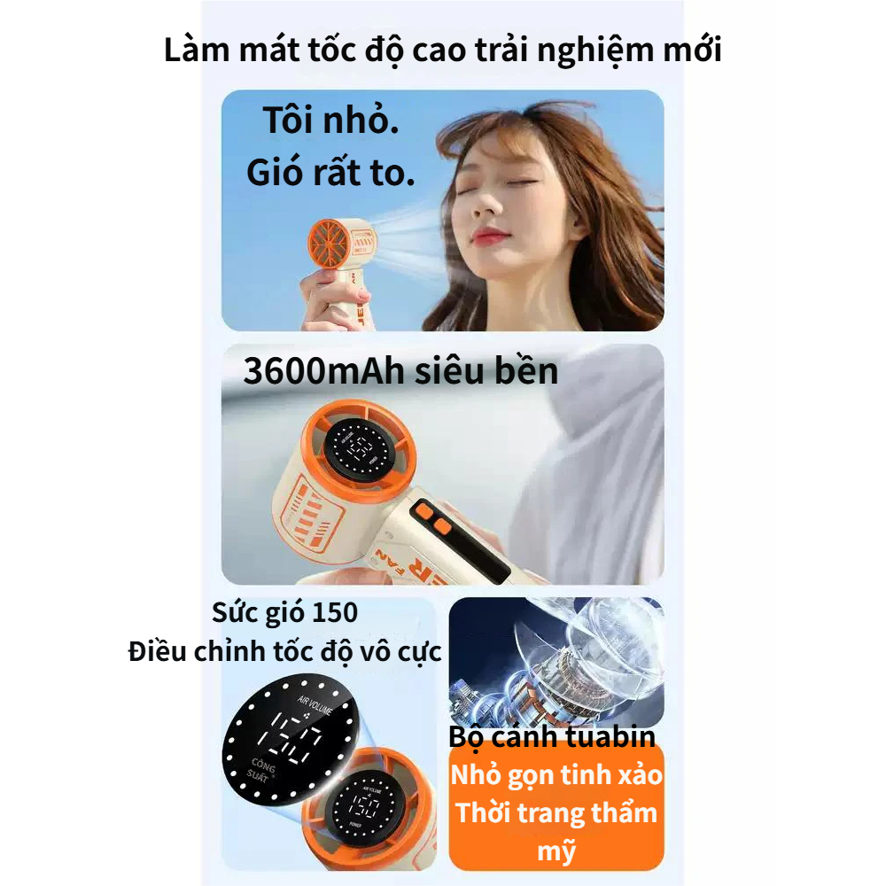 Quạt Cầm Tay Turbo Siêu Mạnh Gió | Pin 3600mAh | Màn Hình LED | 150 Cấp Điều Chỉnh | Siêu Nhỏ Gọn Dễ Mang Theo