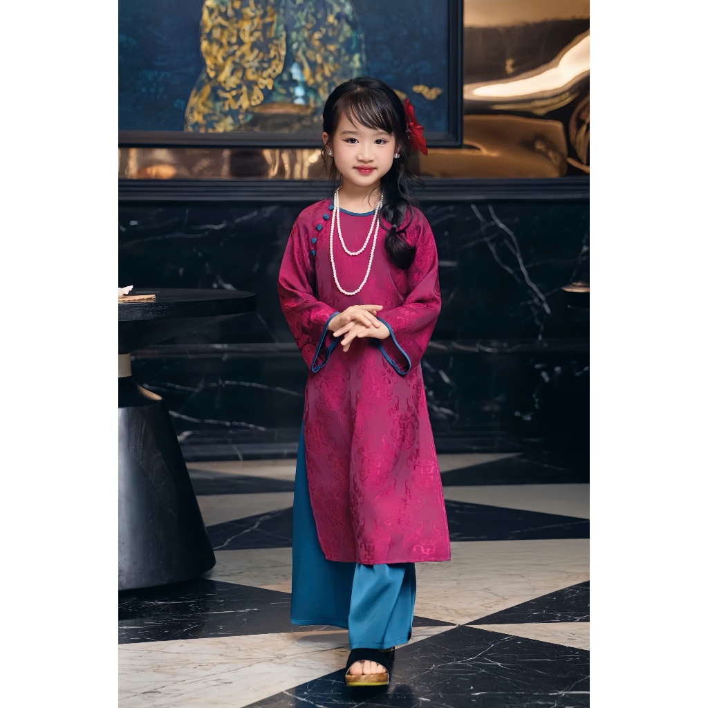 Set áo dài cho bé từ 1 đến 12 tuổi cổ tròn phối viền đính cúc kèm quần dài lụa mặc lễ tết sinh nhật đáng yêu T1592G