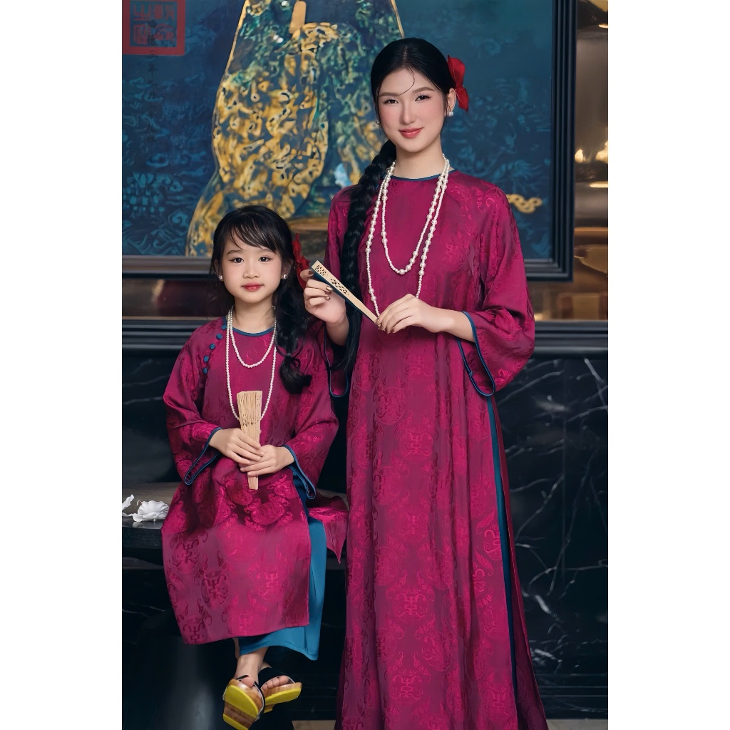 Set áo dài cách tân mẹ và bé không cổ chất lụa gấm thọ dáng suông rộng Bộ áo dài mẹ con mặc lễ tết T1592G