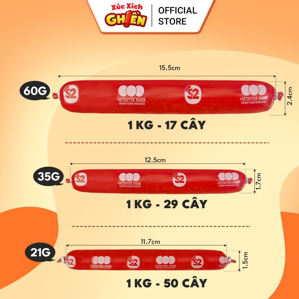 Combo 2 Ca 100 Cây Xúc Xích Dinh Dưỡng Tiệt Trùng S2 Vietinter Foods (Cây 21g)