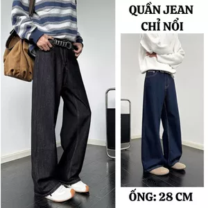 Quần Jean Nam Suông FABUMAN Dài XÁM chỉ nổi rộng 28cm màu Đen/Xanh chất jean mềm cạp cao BIGSIZE