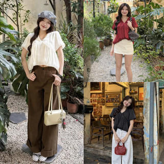 Áo babydoll cổ V phối tay bồng 2 lớp dáng đuôi tôm, Áo kiểu nữ phong cách Hàn Quốc LAVIAN A86