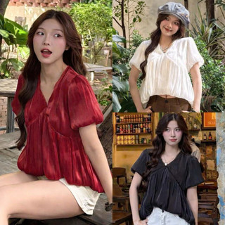 Áo babydoll cổ V phối tay bồng 2 lớp dáng đuôi tôm, Áo kiểu nữ phong cách Hàn Quốc LAVIAN A86