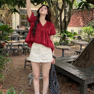 Áo babydoll cổ V phối tay bồng 2 lớp dáng đuôi tôm, Áo kiểu nữ phong cách Hàn Quốc LAVIAN A86