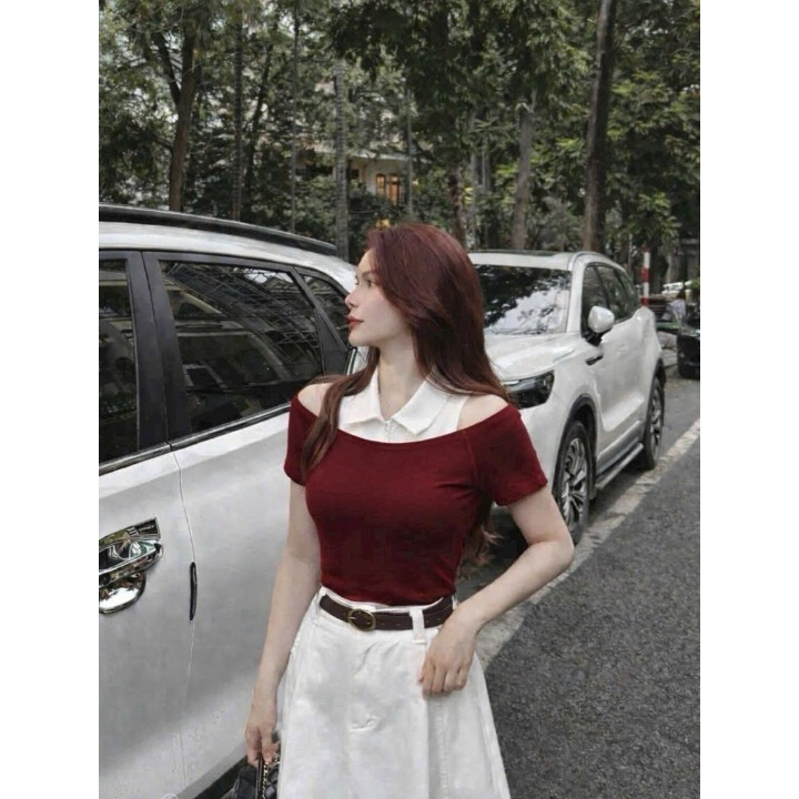 Áo thun nữ, áo phông nữ DONNA HCOM27050 trễ vai phối cổ sơ mi basic, tôn dáng dễ phối đồ