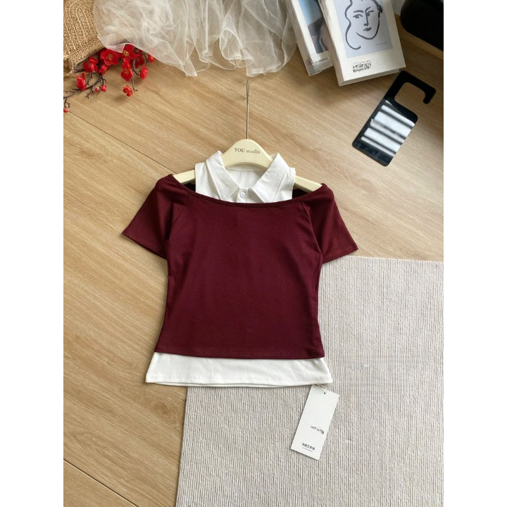 Áo thun nữ, áo phông nữ DONNA HCOM27050 trễ vai phối cổ sơ mi basic, tôn dáng dễ phối đồ