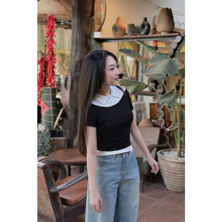 Áo thun nữ, áo phông nữ DONNA HCOM27050 trễ vai phối cổ sơ mi basic, tôn dáng dễ phối đồ