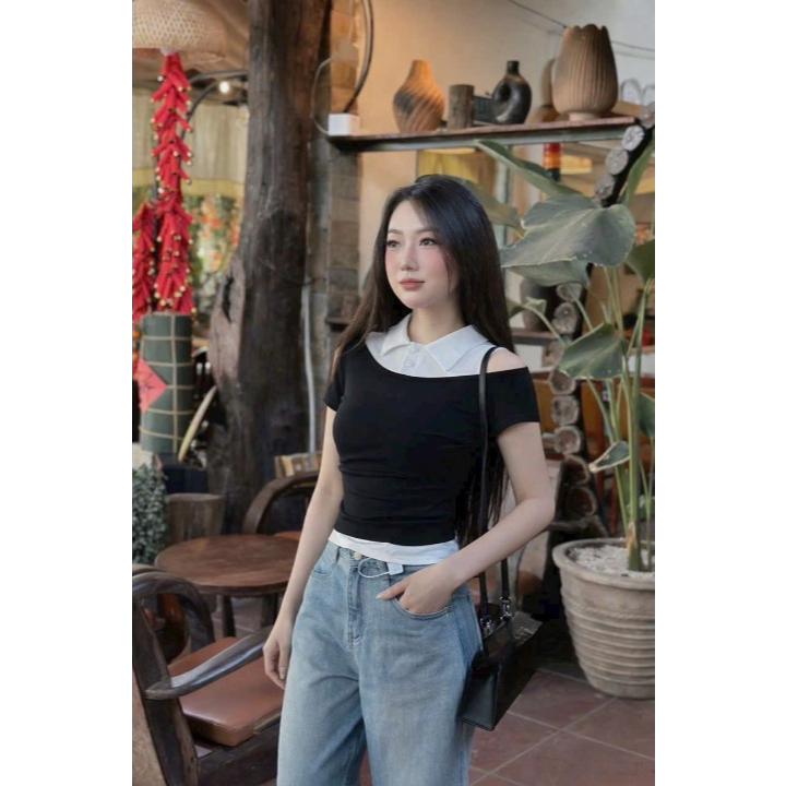 Áo thun nữ, áo phông nữ DONNA HCOM27050 trễ vai phối cổ sơ mi basic, tôn dáng dễ phối đồ