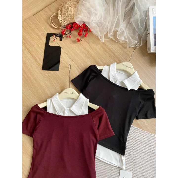 Áo thun nữ, áo phông nữ DONNA HCOM27050 trễ vai phối cổ sơ mi basic, tôn dáng dễ phối đồ