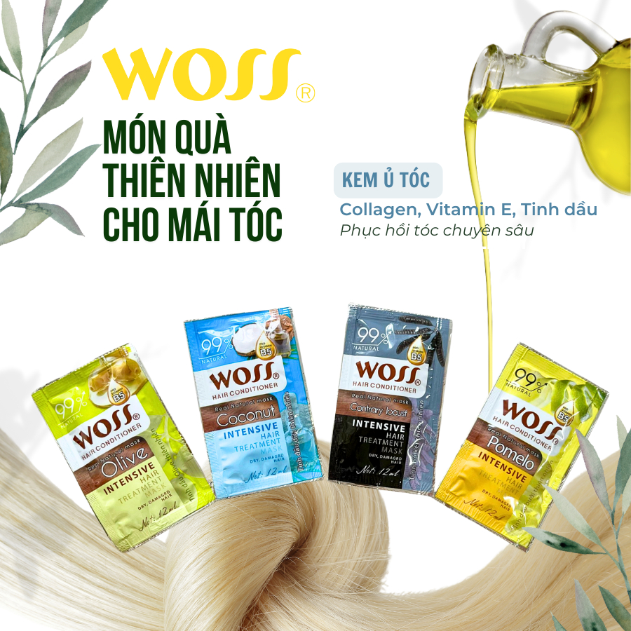 [WOSS] KEM Ủ TÓC MÊM MƯỢT GIẢM XƠ RỐI Ủ TÓC TẠI NHÀ WOSS Dây 12ml x 12 Gói