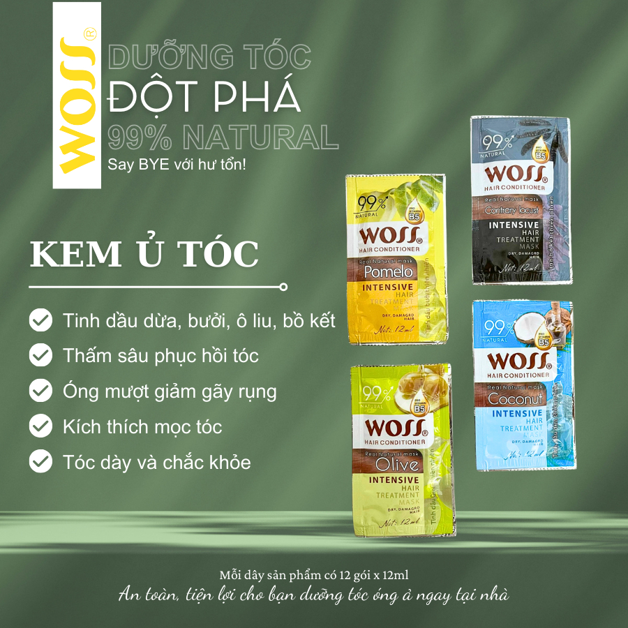 [WOSS] KEM Ủ TÓC MÊM MƯỢT GIẢM XƠ RỐI Ủ TÓC TẠI NHÀ WOSS Dây 12ml x 12 Gói