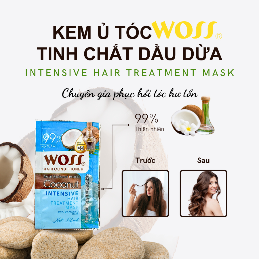 [WOSS] KEM Ủ TÓC MÊM MƯỢT GIẢM XƠ RỐI Ủ TÓC TẠI NHÀ WOSS Dây 12ml x 12 Gói