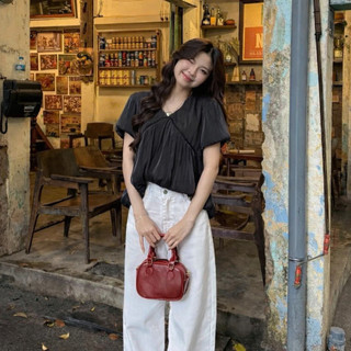 Áo babydoll cổ V phối tay bồng 2 lớp dáng đuôi tôm, Áo kiểu nữ phong cách Hàn Quốc LAVIAN A86