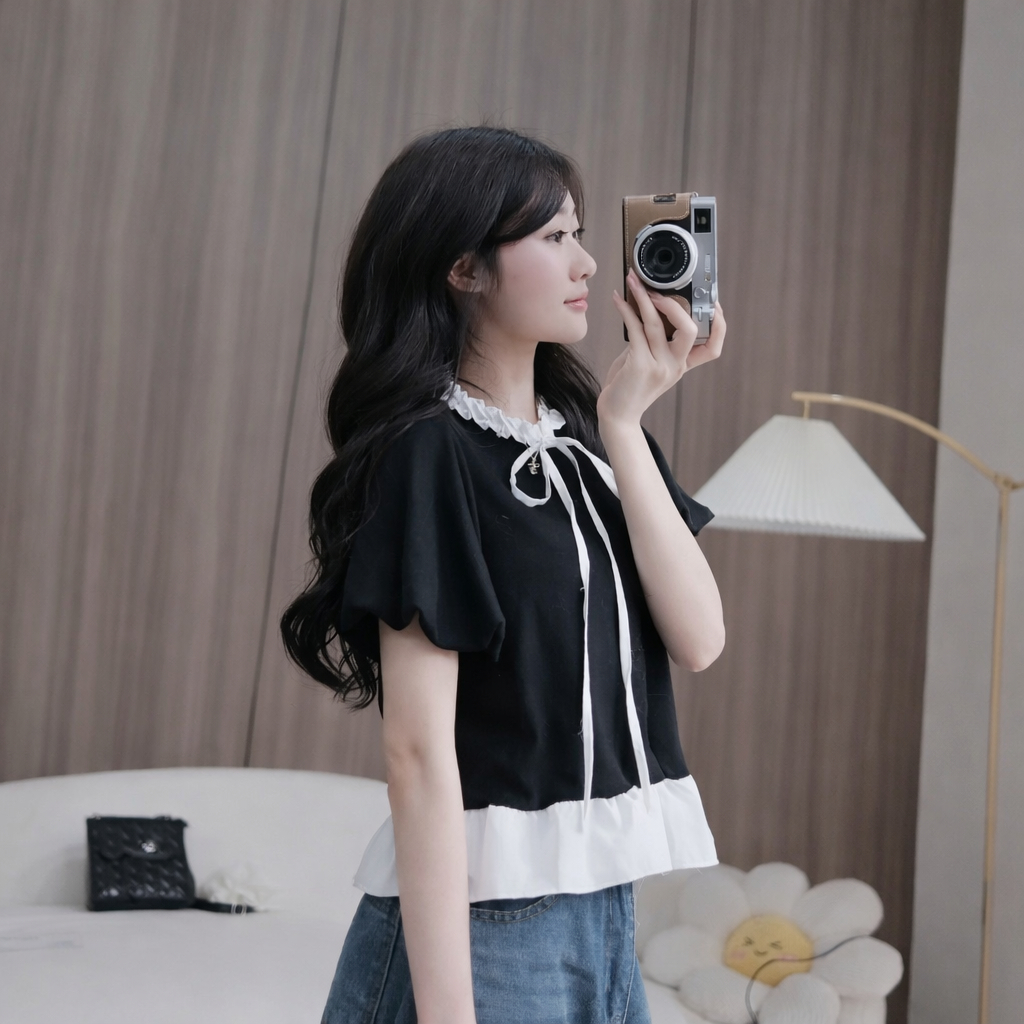 Áo babydoll phối bèo cổ tay phồng phong cách tiểu thư dàng cho nữ LALA A87